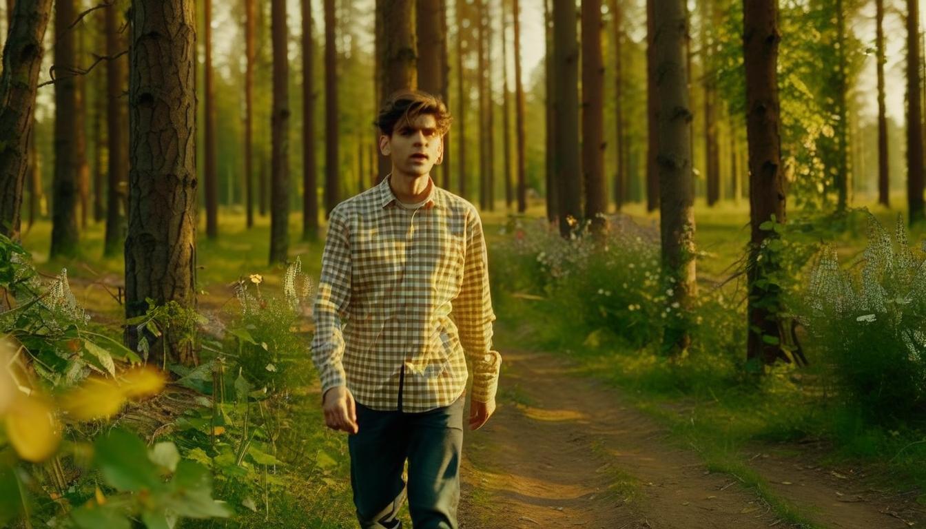  cinematic photo a man in a checkered shirt walks along a path in the forest with low and very lush trees, a golden hour, tracking the path, the hands of a man are spread out to the sides, a low tree, a flower meadow . 35mm photograph, film, bokeh, professional, 4k, highly detailed