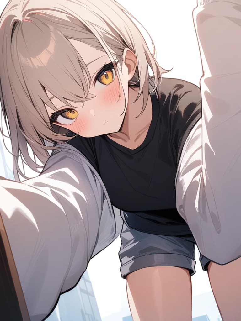  (loose socks: 1.3), silverbeige hair, yellow eyes, black t shirt, shorts, (low angle: 1.2), citycape, (bending over: 1.2), best quality, masterpiece, masterpiece, masterpiece, masterpiece, masterpiece, masterpiece. ultra detailed,