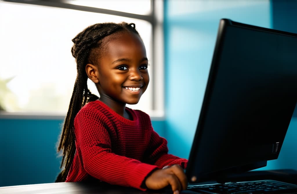  little african girl sitting at computer, looking at screen, smiling, bright modern interior ar 3:2 {prompt}, maximum details