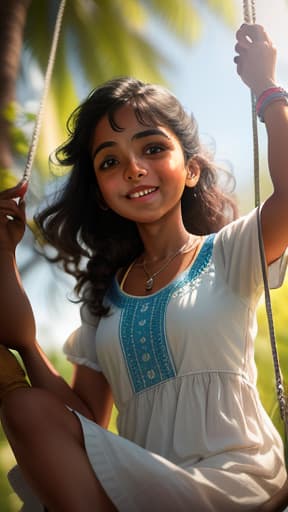  Kerala girl Swinging on a swing tied to a tree. beautiful smile., hyperrealistic, high quality, highly detailed, perfect lighting, intricate, sharp focus, f/1. 8, 85mm, (centered image composition), (professionally color graded), ((bright soft diffused light)), trending on instagram, HDR 4K, 8K