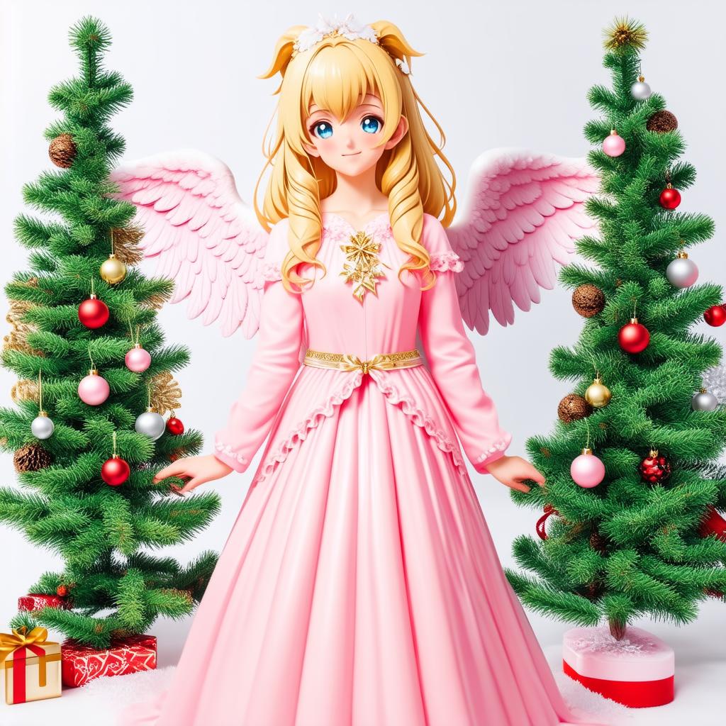  professional detailed photography, anime cute christmas angel on solid white background, pastel shades , (muted colors, dim colors, soothing tones), (vsco:0.3)