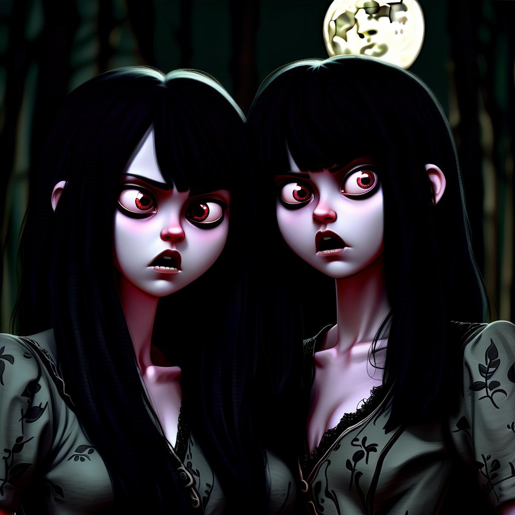  two terrible girls with black hair close up at night in the forest by the moon