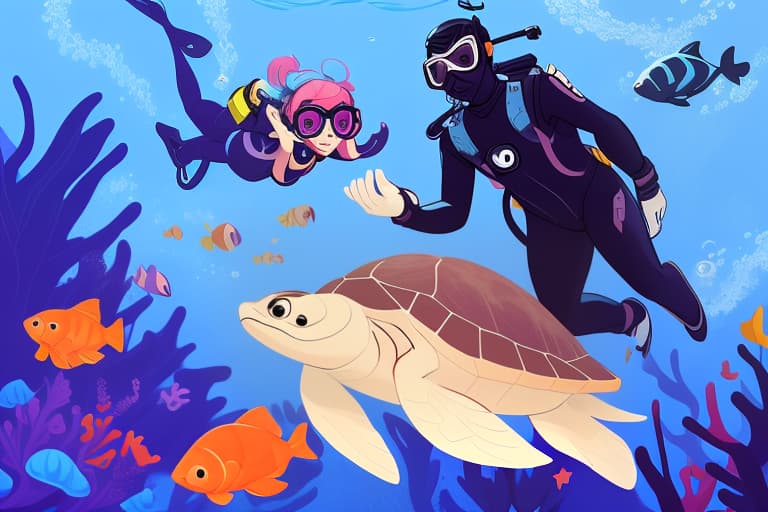  Cartoon 2d gradient flat vector illustration, soft shadows. Two Scuba divers in costumes diving, swimming underwater with mask, aqualung .Ocean wildlife, turtle, tropical fishes, sea floor. Detailed landscape of ocean wildlife, tropical fishes, corals, seabed. Minimalism. Flat vector illustration. Colorful cartoon flat illustration. Color palette from classical painting., Vector art, Vivid colors, Clean lines, Sharp edges, Minimalist, Precise geometry, Simplistic, Smooth curves, Bold outlines, Crisp shapes, Flat colors, Illustration art piece, High contrast shadows, Technical illustration, Graphic design, Vector graphics, High contrast, Precision artwork, Linear compositions, Scalable artwork, Digital art hyperrealistic, full body, detailed clothing, highly detailed, cinematic lighting, stunningly beautiful, intricate, sharp focus, f/1. 8, 85mm, (centered image composition), (professionally color graded), ((bright soft diffused light)), volumetric fog, trending on instagram, trending on tumblr, HDR 4K, 8K