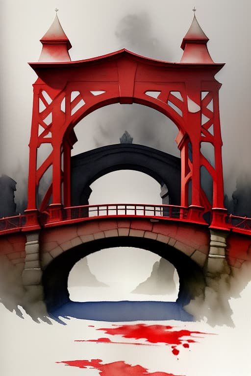  ancient rus, red hot white bridge, ashes, hero with bulva. everything is painted with brush and paints, watercolor, blur, smooth shadows. gloomy, many shadows, black, red, gray, ash, white.