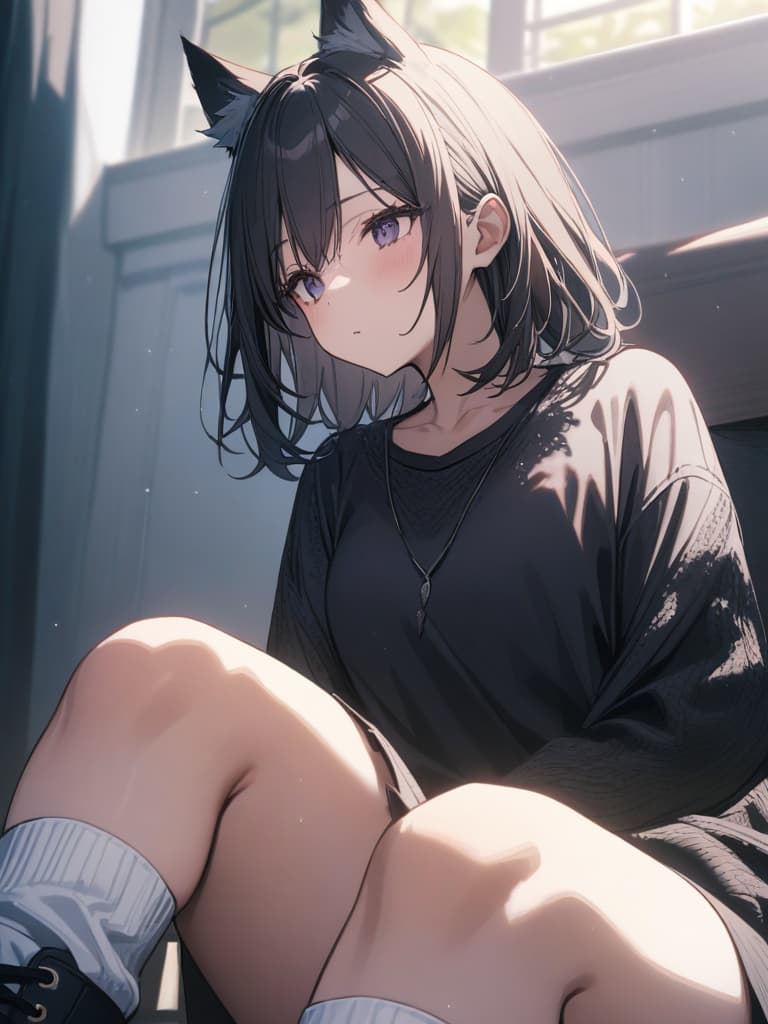  girls, loose socks, plain clothes, wolf ears, medium hair, black shoes, whole, masterpiece, best quality,8k,ultra detailed,high resolution,an extremely delicate and beautiful,hyper detail