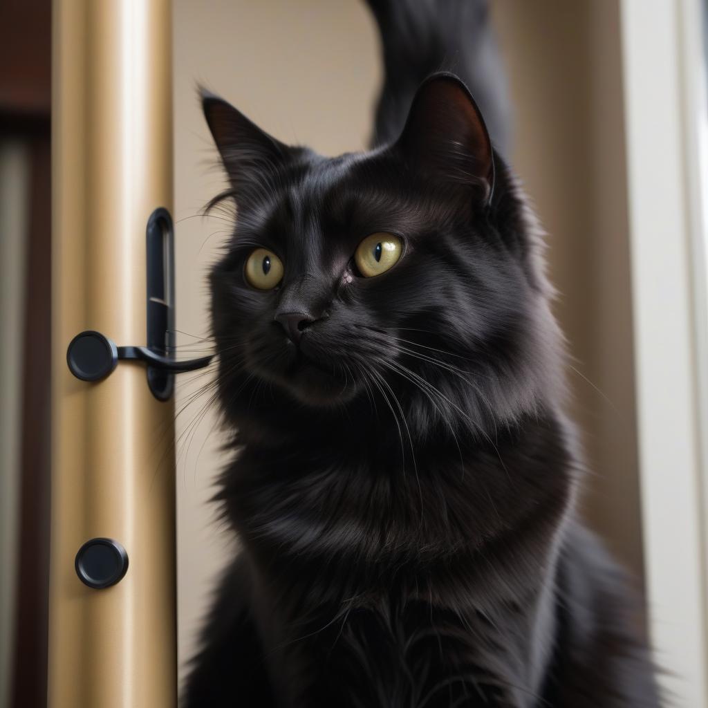  furry black cat looks into the periscope