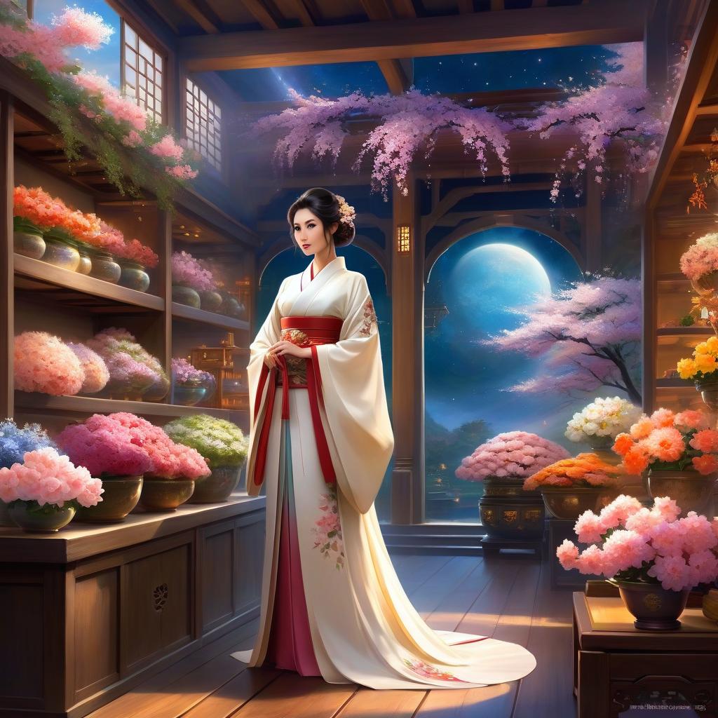  ethereal fantasy concept art of (inout a japanese flower shop:1.2), a beautiful japanese woman in full height, in a traditional kimono. makes ikebana bouquets from sakura flowers, against the backdrop of shelves with many bouquets of ekibana, oil painting, watercolor, intricate details, dark fantasy, space station, extremely best quality, masterpiece, by wadim kashin, 8k . magnificent, celestial, ethereal, painterly, epic, majestic, magical, fantasy art, cover art, dreamy