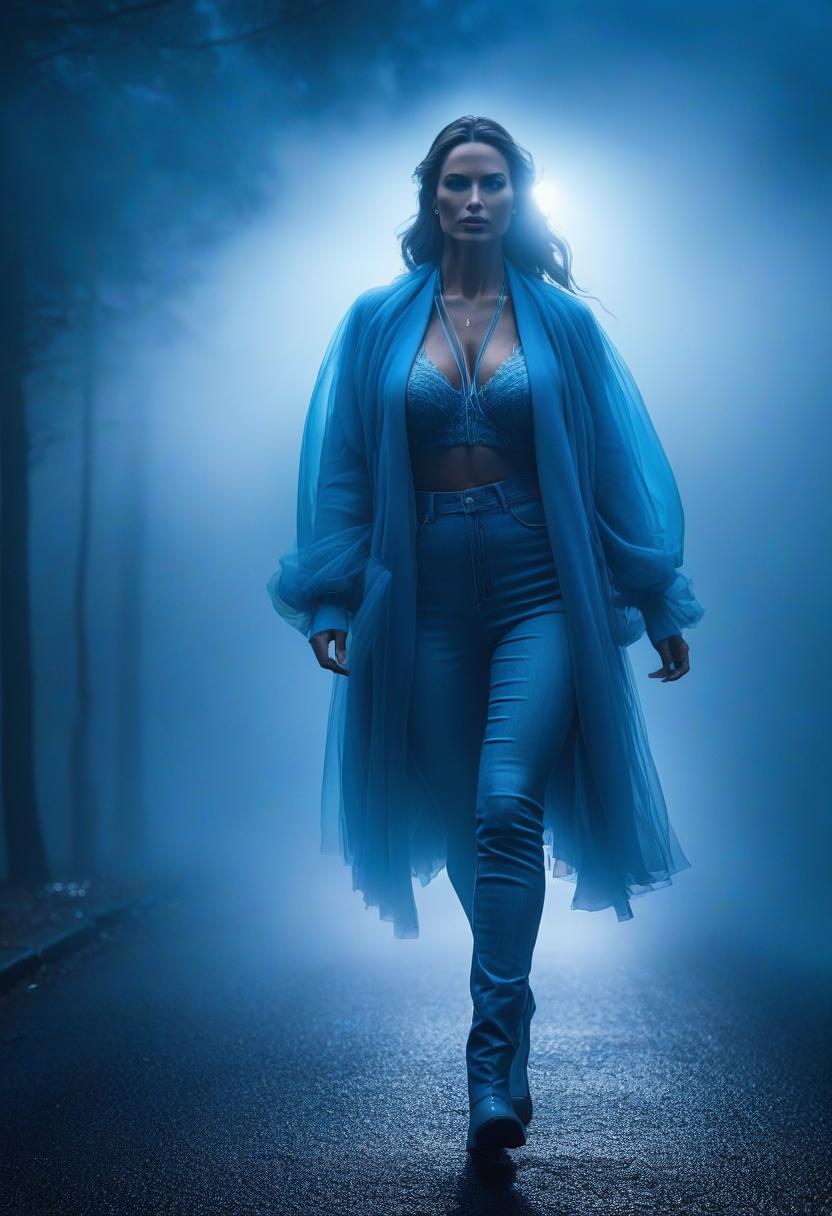  the spirit of the blue light hyperrealistic, full body, detailed clothing, highly detailed, cinematic lighting, stunningly beautiful, intricate, sharp focus, f/1. 8, 85mm, (centered image composition), (professionally color graded), ((bright soft diffused light)), volumetric fog, trending on instagram, trending on tumblr, HDR 4K, 8K