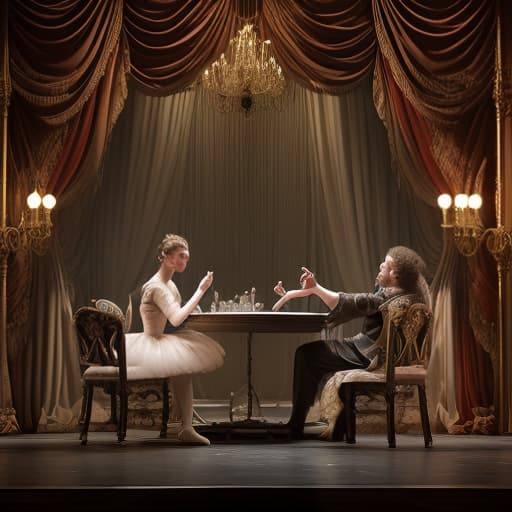  ballerina and opera singer sit at a table on the dark stage of the theater against the background of the curtain