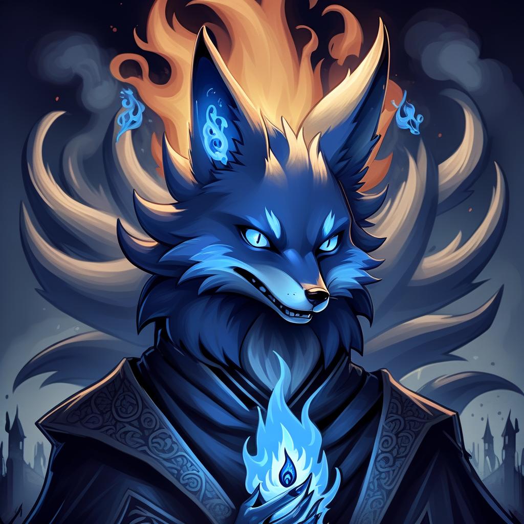  macabre style draw an anthropomorphic nine tailed fox and a blue flame burns behind it . dark, gothic, grim, haunting, highly detailed