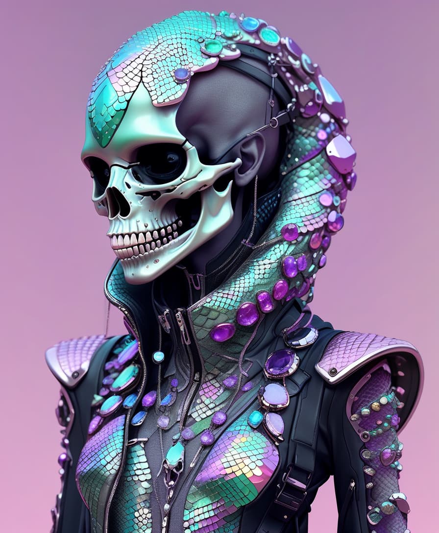  techwear fashion lizard scales. full length girl skull instead of face. chromium and precious stones, pastel tones. desert . futuristic, cyberpunk, urban, tactical, sleek, dark, highly detailed