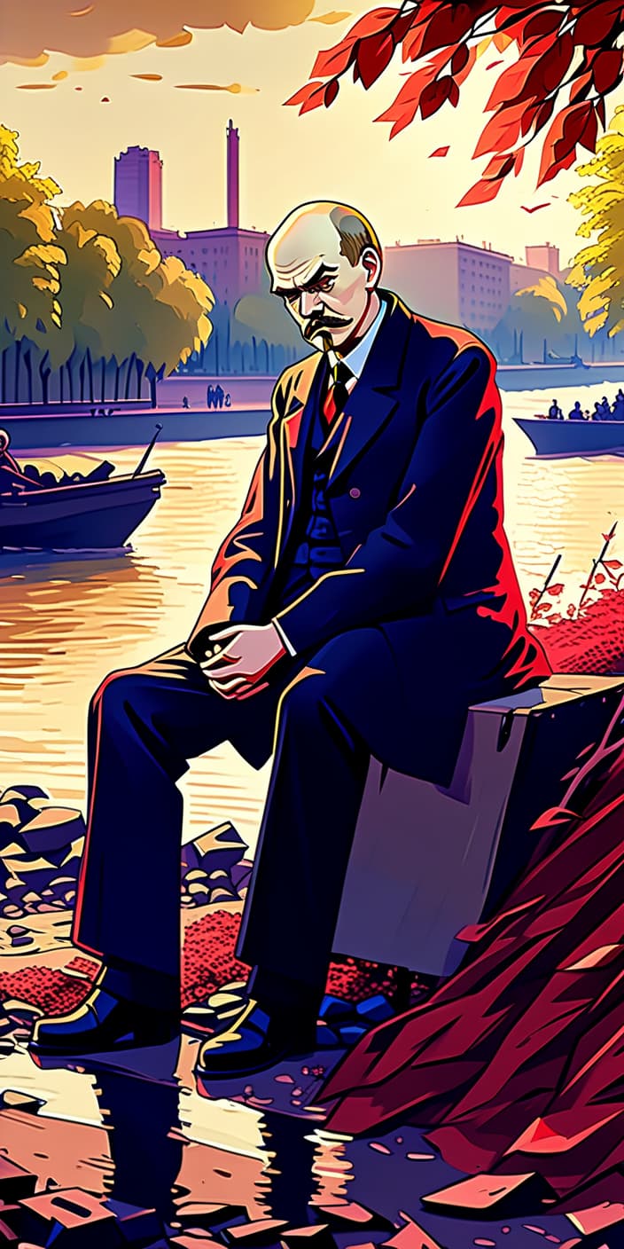  anime artwork vladimir ilyich lenin sits on the bank of the river waiting for a revolution. . anime style, key visual, vibrant, studio anime, highly detailed