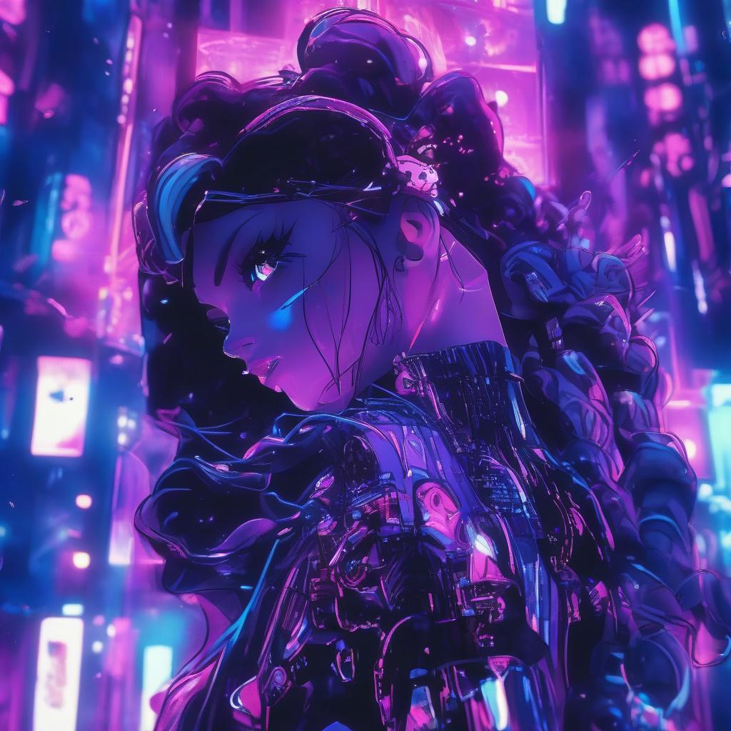  cinematic photo a woman standing in front of a purple and blue background, cyberpunk anime art, glowing black aura, by huang guangjian, anime barbie in white, icon for an ai app, very very very beautiful art, 834779519, black border, necro, overlord billie eilish, by xia gui, overlay . 35mm photograph, film, bokeh, professional, 4k, highly detailed