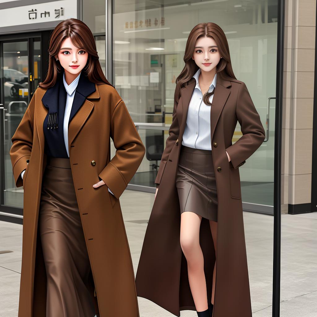  masterpiece, best quality,brown hair woman in work outfit wearing long coat and skirt,