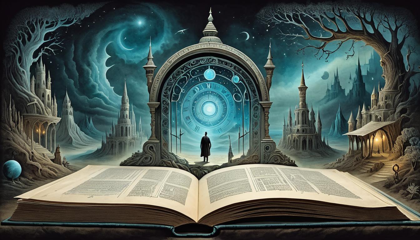  on parchment, surrealism+++, an ethereal book opening to reveal layers of time, pages glowing, revelations about the future and present, transcendent knowledge(mysterious, provocative, symbolic,muted color)+++