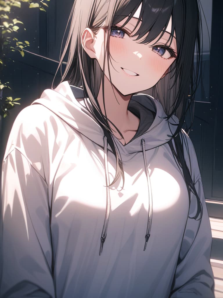  smile, hoodie, long black hair, beautiful, masterpiece, best quality,8k,ultra detailed,high resolution,an extremely delicate and beautiful,hyper detail