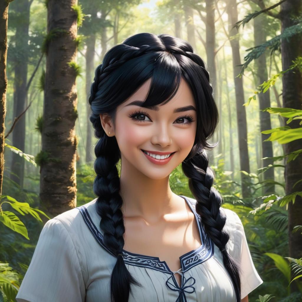  1 young woman, black hair, 1 braid, one eyed, in the forest, laughing evil, award winning, professional, highly detailed, masterpiece