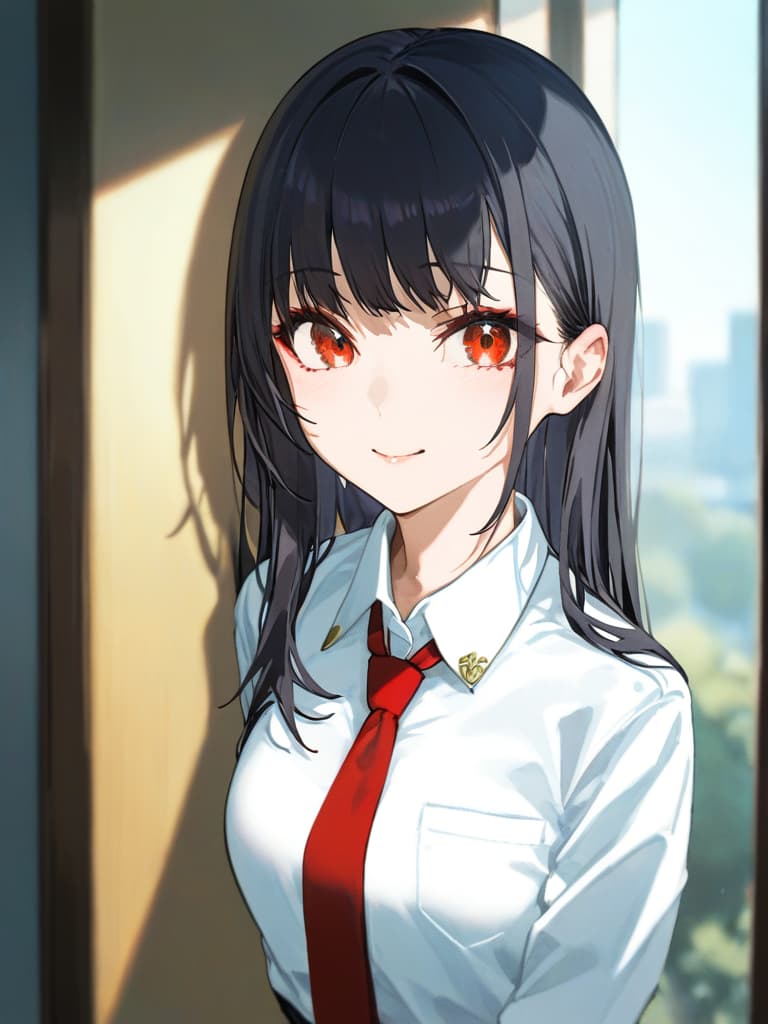  long hair, black hair, hair tips are pink, red eyes, hanging, bangs, and the length of the bangs, smiles, white shirts, red ties, uniforms, s, faces, piercings, thin makeup, hair. is a light pink and black color, masterpiece, best quality,8k,ultra detailed,high resolution,an extremely delicate and beautiful,hyper detail