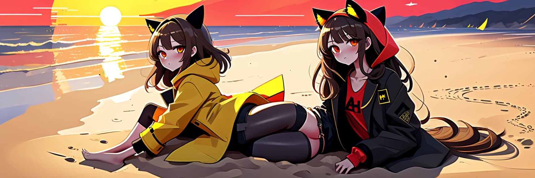  constructivist style an anime girl with cat ears sits on the sand of the beach. she has long dark brown hair, which flies slightly in the breeze. her face, with pronounced jewish and slavic features, radiates lively energy. brown eyes are full of deep emotions, as if reflecting the vast expanses of the ocean. she wears a bright yellow coat, which seems to shine, catching the eye and contrasting with the soft shades of the sunset. under her coat she wears a black shirt and black shorts are decorated with yellow elements, creating a stylish and dynamic look. a bright red sunset turns into night, and the bright red rays of the sun fall on the terrain and contrast with the night darkness. . geometric shapes, bold colors, dynamic composition, pr