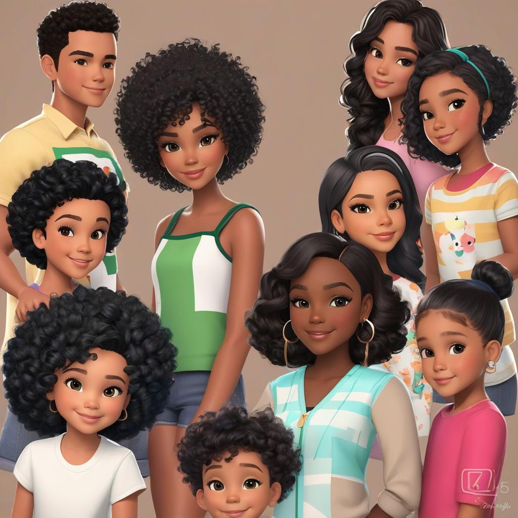  animated black curly hair below the shoulder mom light brown skin with her 5 kids being the boy the smallest age 4 and two girls age 6 & 8 and another daughter age 14 and the oldest boy age 16 with the children having straight hair all off them together, award winning, professional, highly detailed, masterpiece