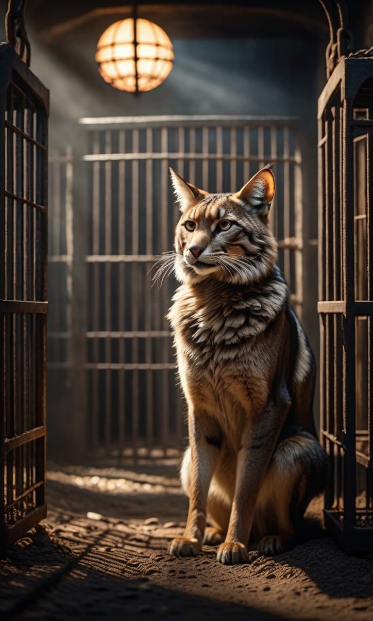  horror themed wild animals, against the backdrop of ancient eggs prison bars . eerie, unsettling, dark, spooky, suspenseful, grim, highly detailed hyperrealistic, full body, detailed clothing, highly detailed, cinematic lighting, stunningly beautiful, intricate, sharp focus, f/1. 8, 85mm, (centered image composition), (professionally color graded), ((bright soft diffused light)), volumetric fog, trending on instagram, trending on tumblr, HDR 4K, 8K