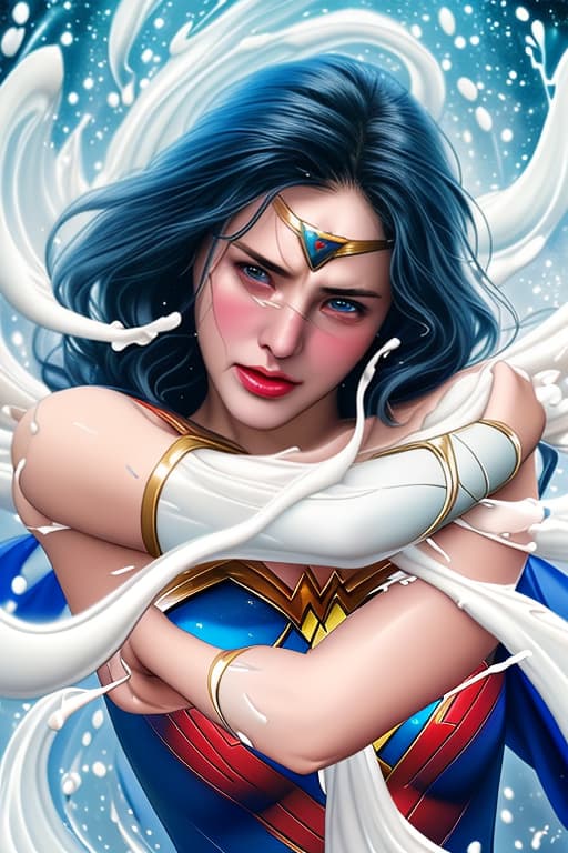  Wonderwomen crying and some white liquid glue spread on wonderwomens face