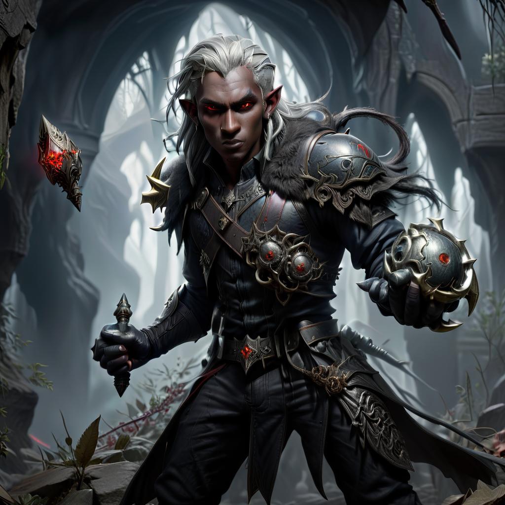  gothic style drow male elf cleric, graphite color skin, red eyes, silver medium haircut, black leather jacket, iron battle mace, traveler shoulder bag, dark cave temple . dark, mysterious, haunting, dramatic, ornate, detailed, civitai