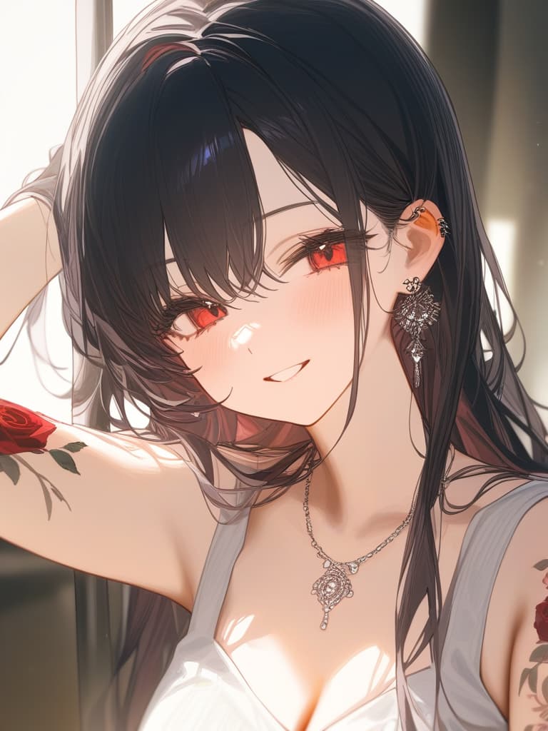  long hair, black hair, hair tips are pink, red eyes, hanging, bangs, and length of bangs, adults, adult faces, piercings, necklaces, hair are light pink and black, thin makeup on the arm. there is a rose tattoo, a rose tattoo on your arm, smiling, masterpiece, best quality,8k,ultra detailed,high resolution,an extremely delicate and beautiful,hyper detail