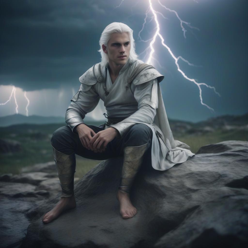  cinematic film still a young man with white hair and barefoot sits on a rock in light armor amid lightning . shallow depth of field, vignette, highly detailed, high budget, bokeh, cinemascope, moody, epic, gorgeous, film grain, grainy