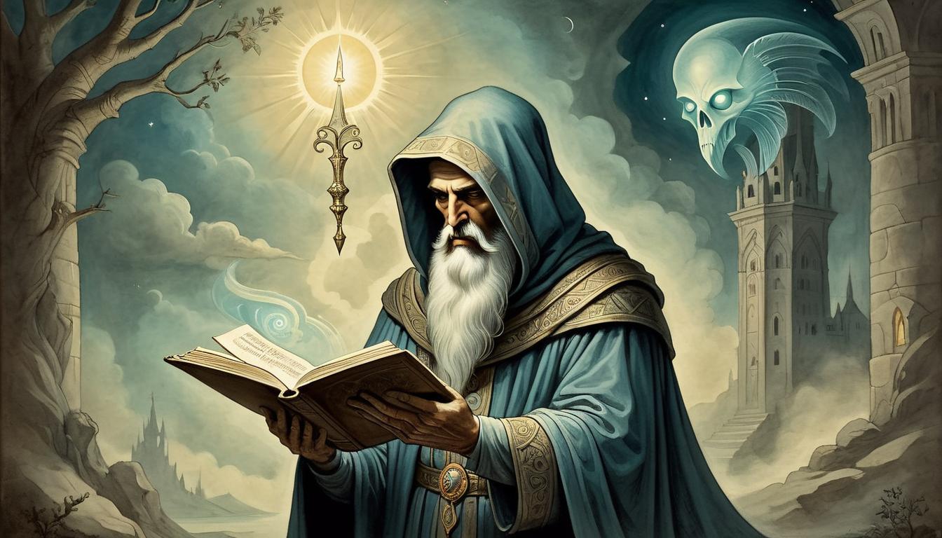  on parchment, surrealism+++, a vigilant figure, eyes glowing, shrouded in divine light, holding a sacred book, maintaining clarity, focused, serene(mysterious, provocative, symbolic,muted color)+++