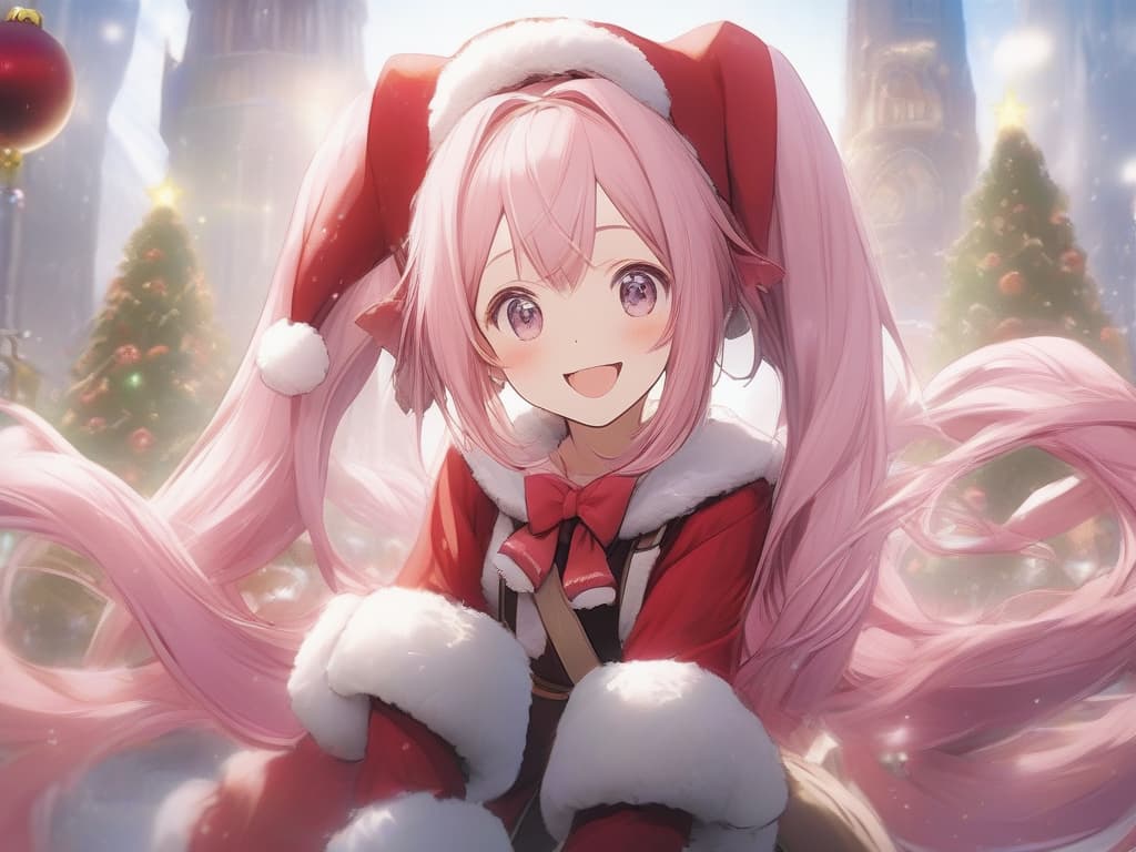  pink hair, twin tail hir, santa cosplay, smile, christmas, masterpiece, best quality,8k,ultra detailed,high resolution,an extremely delicate and beautiful,hyper detail