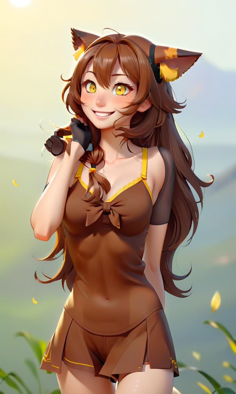  joyful look, yellow eyes, brown hair, brown cat ears, attractive underwear