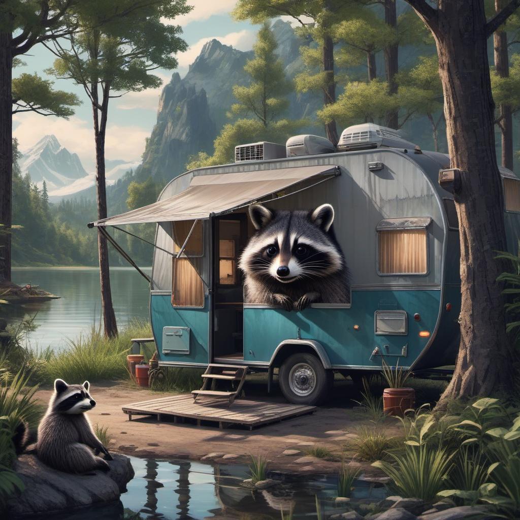  travel trailer with raccoon looking out the window next to a lake, cyberpunk style