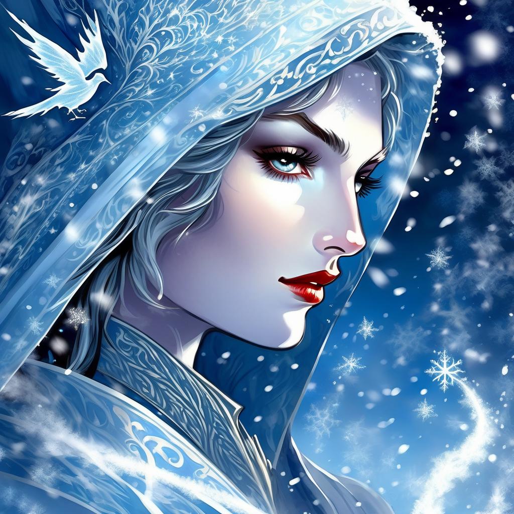  ethereal fantasy concept art of ((i am the sword's dream, farewell flame)), the raven's food. ((and you will dance with me from now on, youngest son of the king)) .((winter sun)). incredibly beautiful, ((blue white, as if moulded from snow)) . ((her scarlet lips trembled, her coal lashes fluttered)) , her fingers reached for (a string of pearl beads)). (style):fantasy, fairy tale, scottish legends, high quality, close up, ice, wind, blizzard.fine, fine fractal glitter bright ice line ink sketch on black background, (ice pixie silhouette:1.3), ice outline outline, snowflake outline, ice pixie with snow wings. (ice colour):pearl grey,grey white,pearl blue,snow white. . magnificent, celestial, ethereal, painterly, epic, majestic, magical, fan