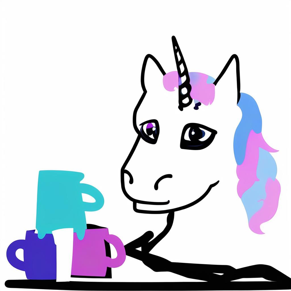  concept art sticker, white unicorn with pink and blue mane dark circles under the eyes, tired and sleepy, sits at a table covered with coffee mugs . digital artwork, illustrative, painterly, matte painting, highly detailed, sticker