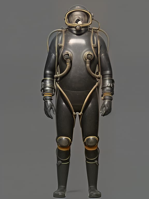  a man in a huge, old underwater diving suit, full length, in a helmet, stands straight, arms shoulder width apart. image diagram.