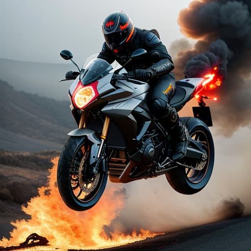  an artistic painting of a motorcycle jumping through a big fire hyperrealistic, full body, detailed clothing, highly detailed, cinematic lighting, stunningly beautiful, intricate, sharp focus, f/1. 8, 85mm, (centered image composition), (professionally color graded), ((bright soft diffused light)), volumetric fog, trending on instagram, trending on tumblr, HDR 4K, 8K