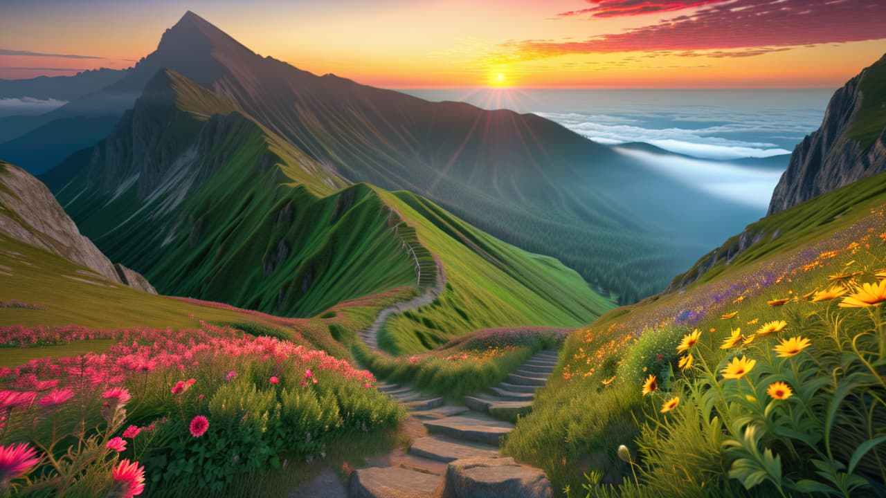  a serene sunrise over a mountain peak, with a figure standing atop, gazing at a winding path leading towards distant goals, surrounded by lush greenery and vibrant wildflowers. hyperrealistic, full body, detailed clothing, highly detailed, cinematic lighting, stunningly beautiful, intricate, sharp focus, f/1. 8, 85mm, (centered image composition), (professionally color graded), ((bright soft diffused light)), volumetric fog, trending on instagram, trending on tumblr, HDR 4K, 8K