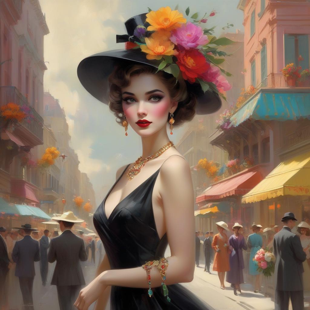  a glamorous woman in vintage attire stands in a lively street scene, showcasing a black dress adorned with intricate jewelry, complemented by a striking hat and vibrant flowers in her hair. happy beautiful woman in interesting clothing. elegant. surreal.by pino daeni, tom bagshaw, pino daeni, karol bak, michael whelan