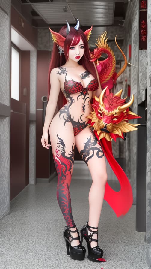  Red and G old dragon pattern face paint, golden dragon and red dragon pattern body paint in every corner of the whole body, Grey body paint, succubus, full body image 女性