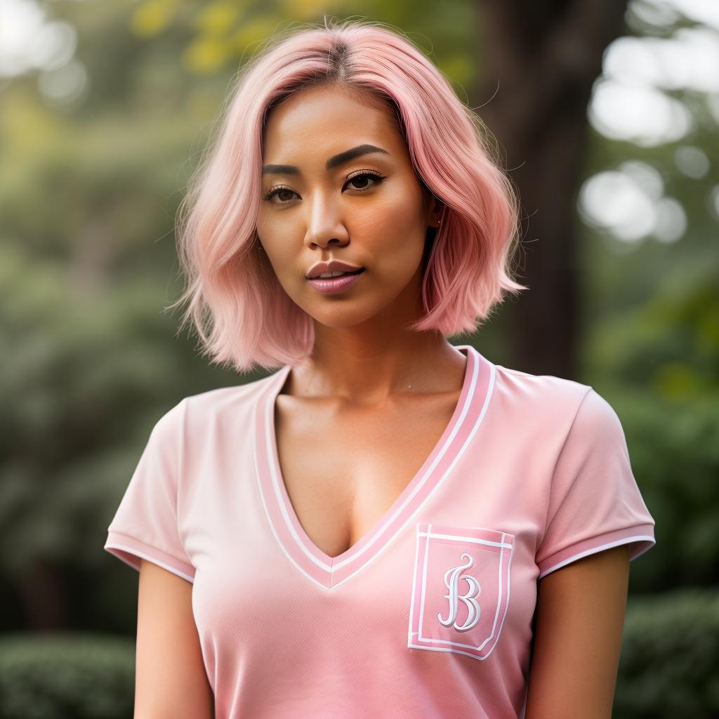  (((realistic full torso frontal head shot of a light tan skin tone woman))), kaede nana abe, ((japanese heritage)), immature face, hazel eye color, ((bob hair style)), ((pink hair color)), ((skinny body type)), medium size, athletic size, (immature small straight nose), (immature defined cheekbones), (immature soft jawline), (immature full lips), (immature low forehead), (immature arched eyebrows), (immature smooth chin), standing straight looking directly into the camera,((wearing fitted polo shirt with deep v neck and monogrammed pocket)), backyard in background, 1girl, best quality, highest quality, award winning photo, masterpiece, raw, professional photography, photorealism, sharp focus, cinematic, high resolution, sha hyperrealistic, full body, detailed clothing, highly detailed, cinematic lighting, stunningly beautiful, intricate, sharp focus, f/1. 8, 85mm, (centered image composition), (professionally color graded), ((bright soft diffused light)), volumetric fog, trending on instagram, trending on tumblr, HDR 4K, 8K