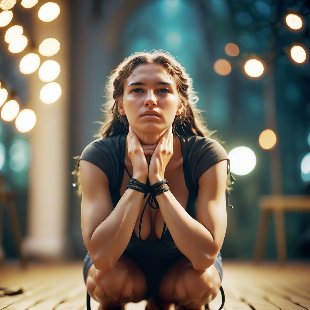  cinematic photo appetizing beautiful kneels with her hands tied behind her head photo in a full length front side view . 35mm photograph, film, bokeh, professional, 4k, highly detailed, film photography style