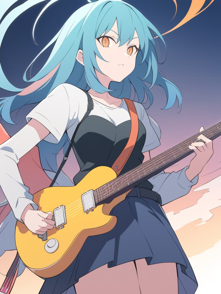  in the anime with a guitar, the satinten style, flcl cover, cushart, flcl, animation style illustration, guitar solo, trendy anime artwork, beautiful detailed animation style, tetsujoro for generously, tetsu goro beautiful detailed anime art, guitarist