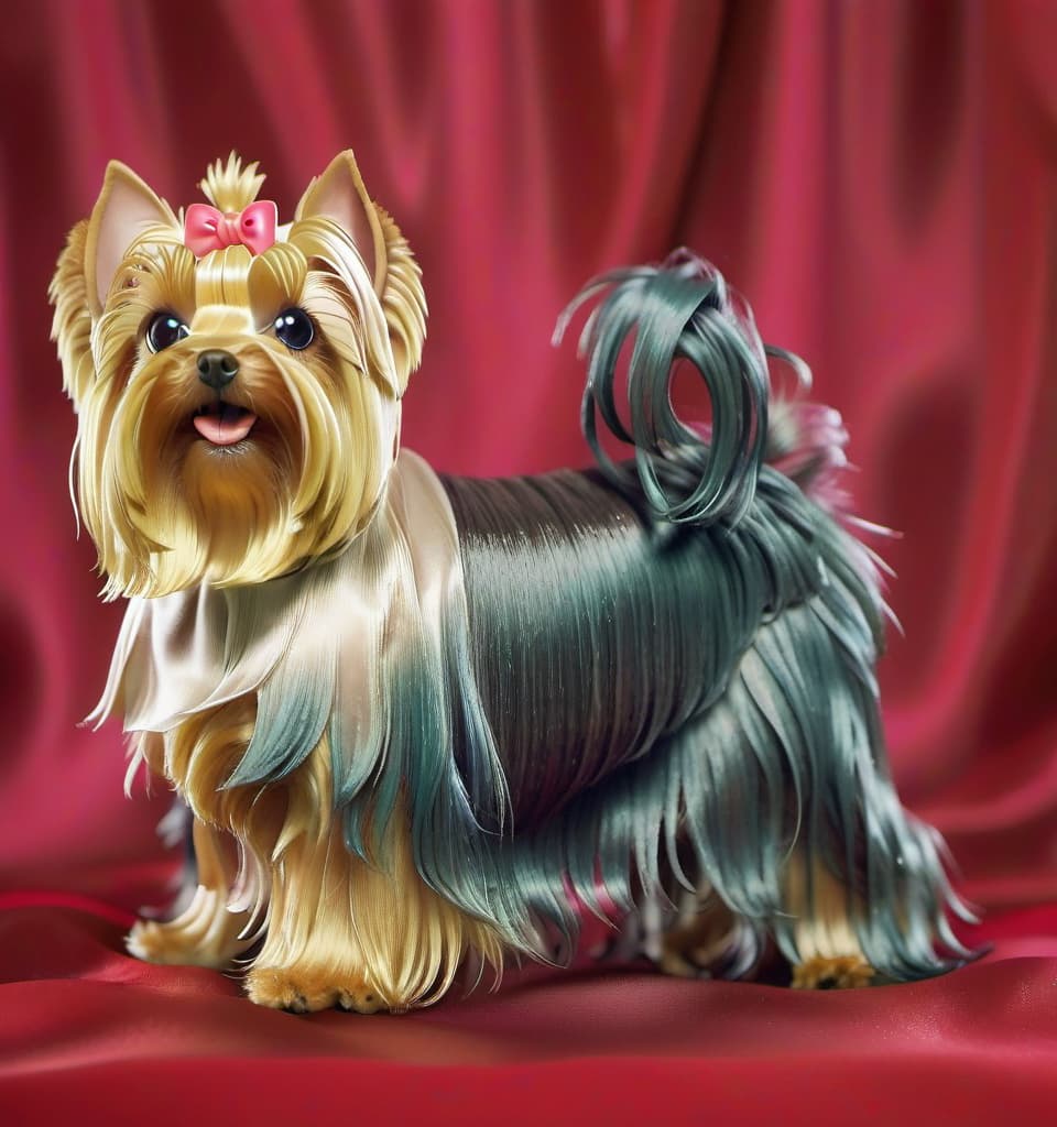  kawaii style yorkshire terrier dog on satin background . cute, adorable, brightly colored, cheerful, anime influence, highly detailed, film photography style