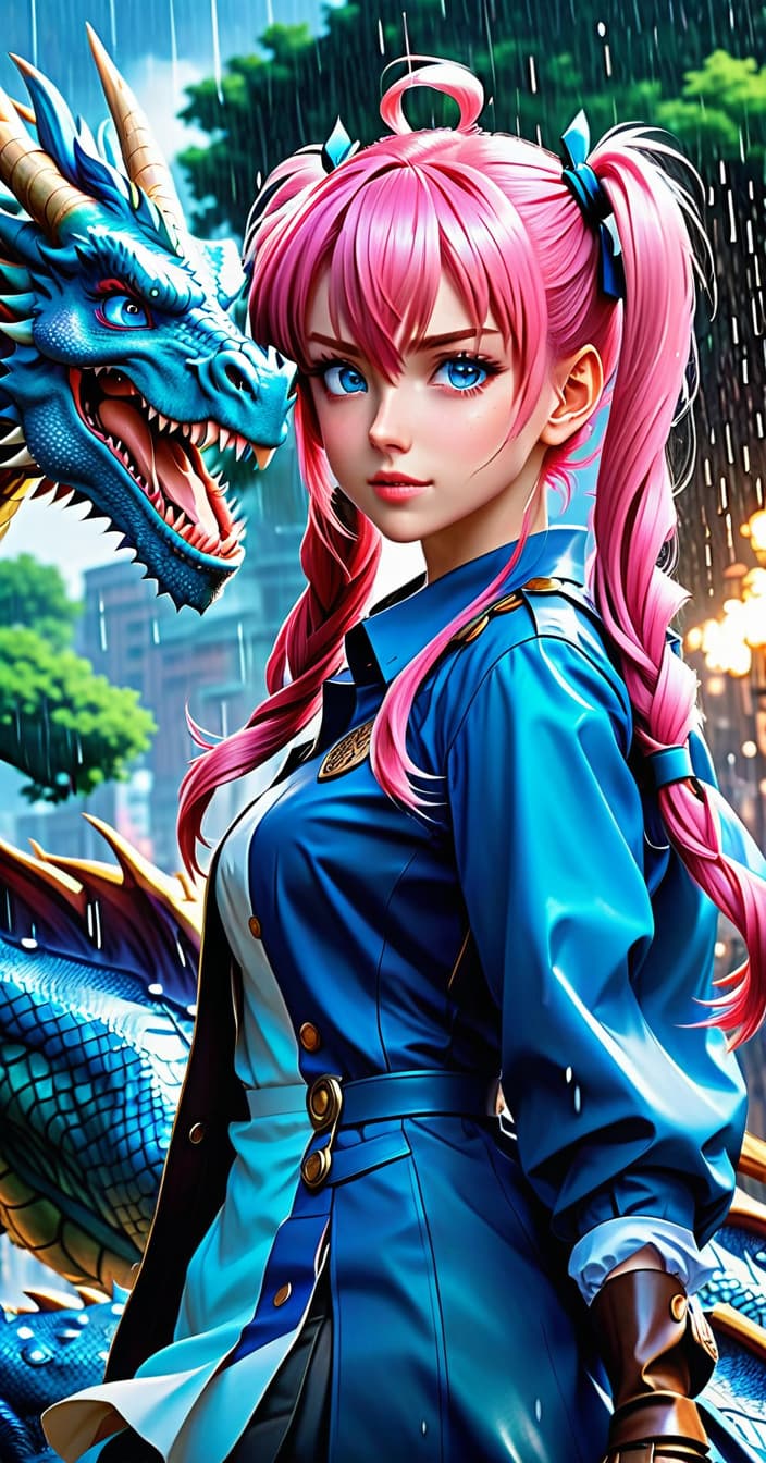  anime artwork realistic photos of cinematic quality. 2, big s, sharp s, pink hair, blue eyes, two pigtails, skin. riding a dragon. it is raining. . anime style, key visual, vint, studio anime, highly detailed