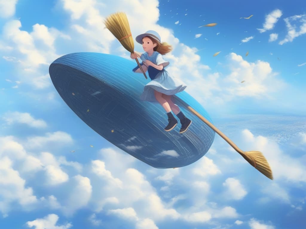  aerial, broom, flying in the sky, girl