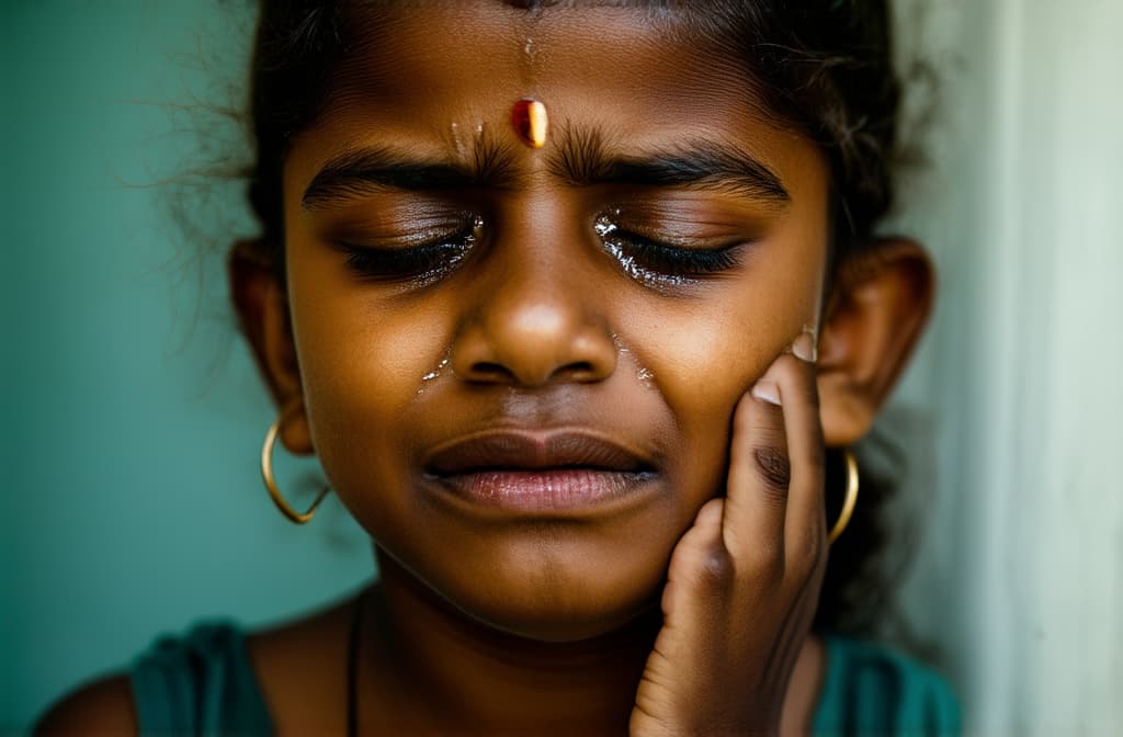  young sad indian girl crying with tears streaming down her cheeks. emotional breakdown, closed eyes and closed mouth ar 3:2, (natural skin texture), highly detailed face, depth of field, hyperrealism, soft light, muted colors