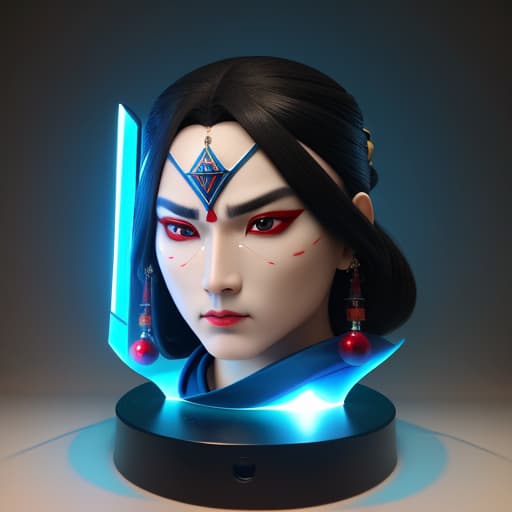  Wizard samurai face with stick in 4K 3DHer eyes are marbles and her is shiny glass. 3D 4K uhd Realistic marblelight shine light spread art glass parts on sky)