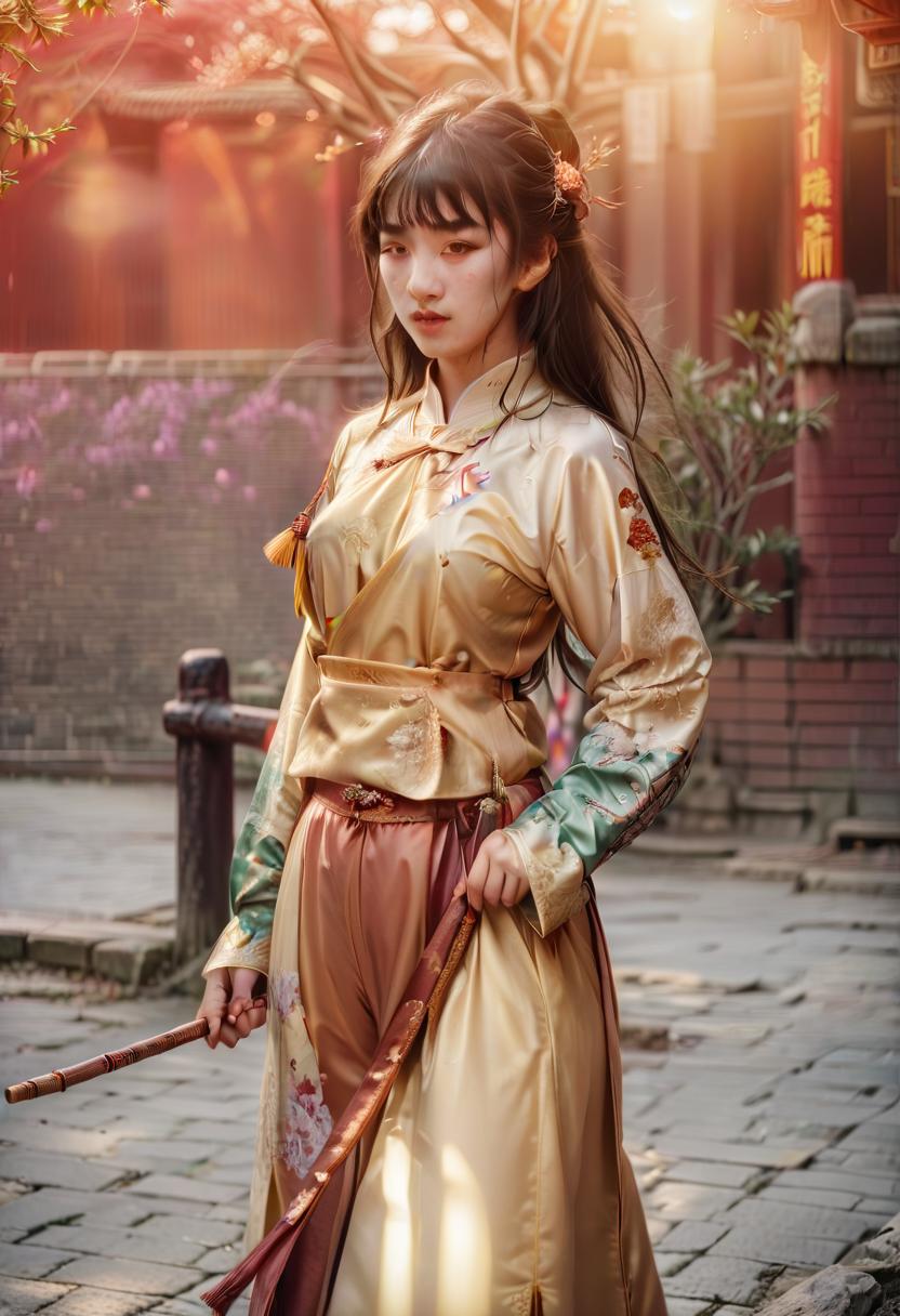  cinematic photo a girl in a chinese outfit, a stick in her hand. . 35mm photograph, film, bokeh, professional, 4k, highly detailed, perfecteyes, civitai