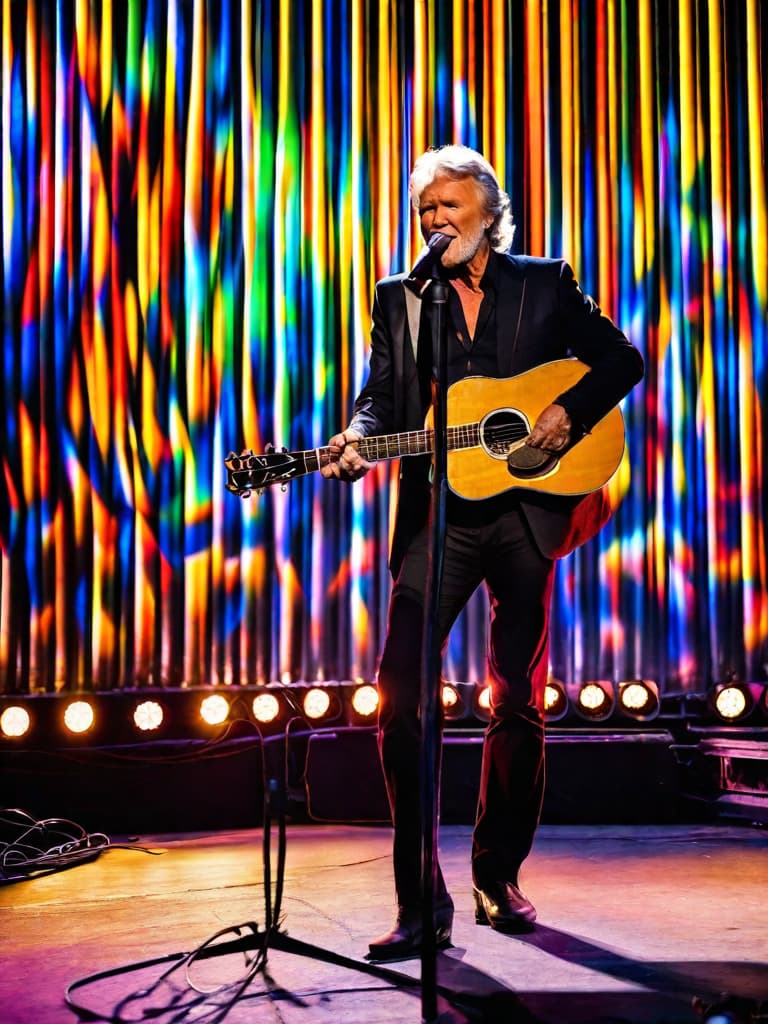  Country singer, Kris Kristofferson, on stage, medium shot, upper body, spotlight, long exposure lighting, street art style spray paint, glamour lighting